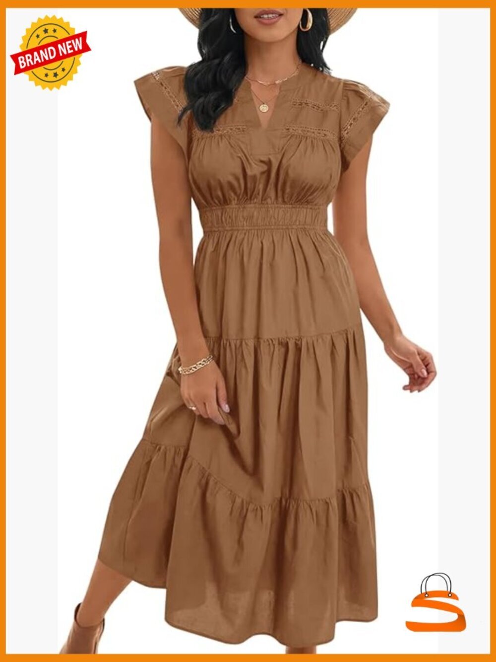 V-Neck Cap Sleeve Empire Waist Flowy Midi Dress with Pockets